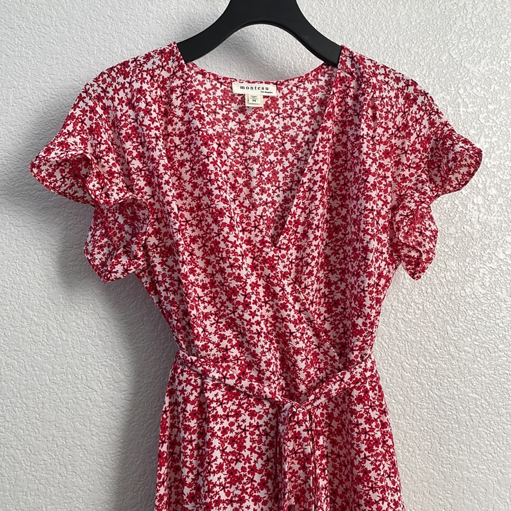 Moneteau tiered red floral wrap dress